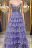 Light Purple V Neck Layered Lace Prom Dress