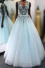 A Line V Neck Tulle Long Prom Dress with Flowers, Sleeveless Party Dress