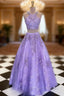 Lilac Ball Gown Scoop Neck Sleeveless Long/Floor-Length Tulle Prom Dress With Appliqued Beading