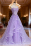 Lilac Prom Dress, A-line/Princess Sweetheart Sleeveless Sweep Train Tulle Prom Dress With Beading Appliqued