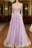 Lilac Prom Dress, A-line V Neck Spaghetti Straps Long/Floor-Length Tulle Prom Dress With Appliqued Sequins