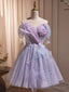 Purple Tulle Knee Length Birthday Party Formal Dress, Off the Shoulder Purple Prom Dress