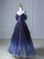 Blue Gradient Tulle Long Prom Dress, Beautiful Spaghetti Strap Evening Party Dress
