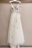Long A-line Tulle V Neck Lace Applique Wedding Dress