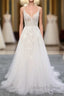Long A-line V-neck Backless Appliques Lace Tulle Wedding Dress