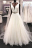 Long A-line V Neck Satin Tulle Wedding Dress