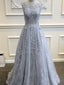 Long Custom Gray V-Back Scoop Tulle With Lace Appliques Party Prom Dresses