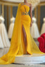 Long Mermaid One Shoulder Beading Tulle Prom Dress with Slit
