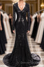 Long Mermaid V-Neck Black Sequins Prom Dress with Sleeves