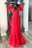 Long Off Shoulder Red Lace Prom Dresses Feathers V Neck Mermaid Evening Dress