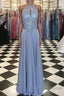 Long Silver Chiffon Prom Dress Halter Evening Gowns New Arrival