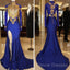 Long Sleeves Blue Gold Prom Dress Side Slit Evening Gowns