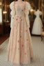 Long Sleeves Champagne Lace Floral Long Prom Dress, Long Sleeves Champagne Lace Floral Formal Evening Dress