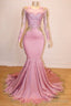 Long Sleeves Round Collar Mermaid Prom Dress Sequins Pink Long Chiffon