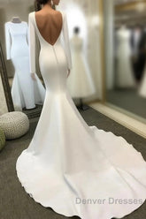 Long Sleeves Satin Wedding Dress Mermaid Open Back