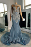 Long Sleeves Silver Dusty Blue Shiny Court Train Beaded Prom Dresss