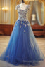 Long Unique Lace Applique Tulle Blue Prom Dress