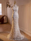 Lovely Lace Mermaid Halter Open Back Wedding Party Dress, Lace Long Formal Dress