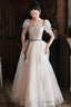 Lovely Tulle Sequins Long Prom Dress, A-Line Short Sleeve Evening Dress