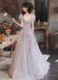 Lovely Tulle Short Sleeves Long A-Line Party Dress, Tulle Evening Dress Prom Dress