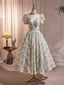 Beautiful Beading Pearl Sequins Green Prom Dresses, High Neckline Tea Length Sage Green Party Dress
