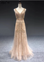Luxurious Nude Pink A-Line V-Neck Beaded Embroidered Tulle Long Prom Dress Evening Dress