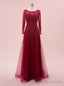 Luxury Burgundy Tulle Long Sleeve Beading Sequins Prom Dress