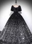 Luxury Shiny Black-Silver Gradient A-Line Short Sleeve Sequin Long Prom Dress Evening Dress