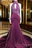 Magenta Mermaid Lace Applique Halter Prom Dress