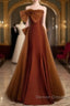 Mermaid Brown Tulle Satin Strapless Long Party Dress Formal Dress Prom Dress With Bow(S)