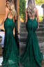 Mermaid Dark Green Prom Dress, Lace Long Prom Dress, Spaghetti Straps Backless Prom Dress
