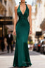 Mermaid Halter Dark Green Long Satin Prom Dress