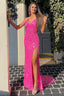 Mermaid Halter Neck Hot Pink Sequins Long Prom Dress with Split Front