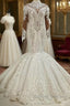 Mermaid High Collar Floor Length Tulle Applique Paillette Wedding Dress