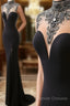Mermaid High Neck Beaded Jersey Black Formal Evening Prom Gown With Slit