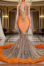 Mermaid High Neck Floor-length Sleeveless Appliques Lace Prom Dress With Feather