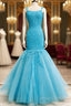 Mermaid Ice Blue Prom Dress Lace Embroidery