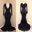 Mermaid Lace Sequins V Neck Long Sleeveless Black Prom Dresses