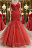Mermaid Red Tulle Lace Long Prom Dress, Mermaid Red Formal Dress, Red Lace Evening Dress