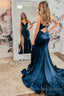 Mermaid Spaghetti Straps Navy Long Prom Dress with Split Front