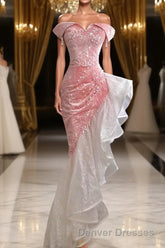 Mermaid / Trumpet Prom Dress Party Dress Evening Party Floor Length Sleeveless Off Shoulder Tulle with Pearls Sequin