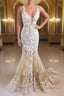 Mermaid V Neck Champagne Lace Prom Dress, Mermaid Champagne Formal Dress, Champagne Lace Evening Dress