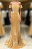 Mermaid Velvet Bridesmaid Dress Off Shoulder Gold Wedding Formal Dress