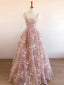 Modest A Line Square Neckline Sleeveless Pink Floral Lace Floor Length Prom Dress