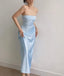 Modest A Line Strapless Long Light Sky Blue Satin Prom Dress