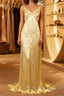 Modest A Line V Neckline Yellow Satin Beads Long Party Dress Prom Dress