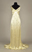 Modest A Line V Neckline Yellow Satin Beads Long Party Dress Prom Dress
