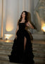 Modest Ball Gown Strapless Black Sequin Floor Length Slit Prom Dress Evening Gowns