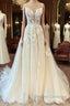 Modest Long A-line Spaghetti Straps Tulle Wedding Dress with Appliques Lace