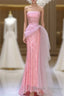 Modest Mermaid Strapless Pink Tulle Ruffles Long Party Dress Prom Dress